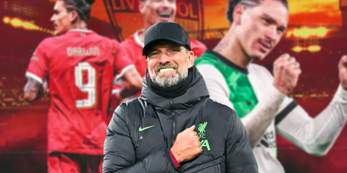 Darwin Nunez celebrating and Klopp very happy