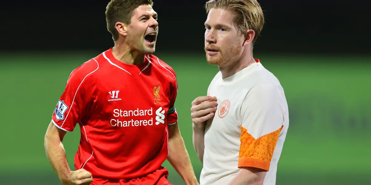 Kevin de Bruyne discouraged and Steven Gerrard celebrating a goal